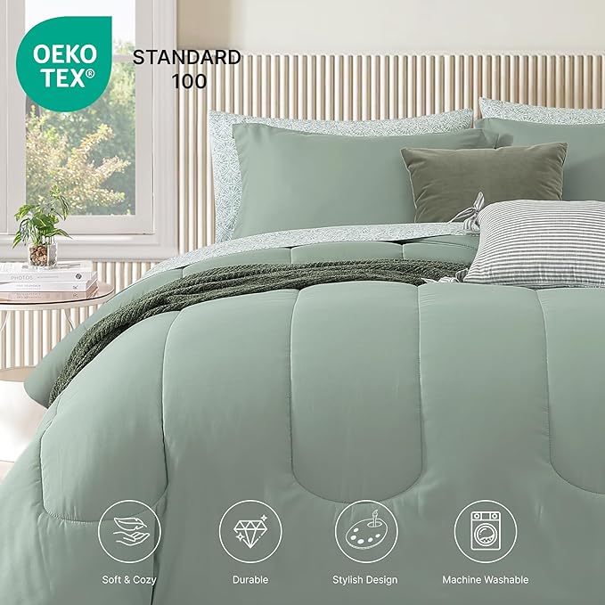 Monbix King Size Comforter Set - 7 Pieces Bed in a Bag King, Sage Green Track Stitching Bedding Sets, All Seasons Down Alternative Bed Set with Sheets, Pillowcases & Shams
