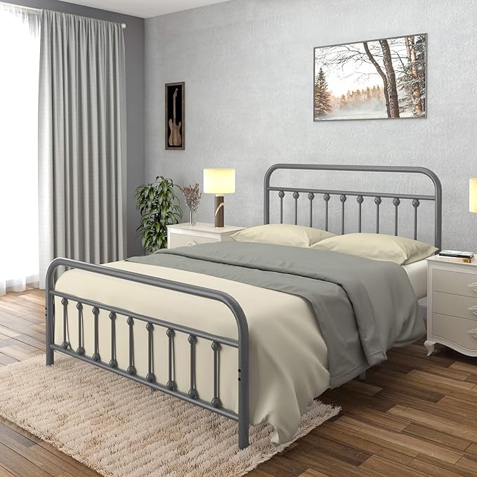 Golden Gate Beds Victorian Vintage Style Metal Bed Frame with Wrought Iron Headboard and Footboard, Classic Platform Bedframe Storage, No Box Spring Needed, Mattress Foundation, Silver, Queen Size