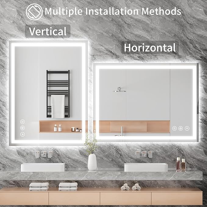 Koonmi 32x24 LED Bathroom Mirror, Backlit + Front Lit, LED Bathroom Mirror with Lights for Wall, 3 Colors, Anti-Fog, Dimmable Brightness, Memory Function, Tempered Glass