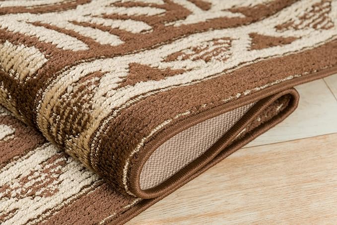 Custom Length Cut to Size Tribal Ethnic Southwestern Inspired Hallway Runner Rug, Non Slip Rubber Backed, 31 inch Wide X Customized Length, Mayan Brown, 31 inch X 16 feet