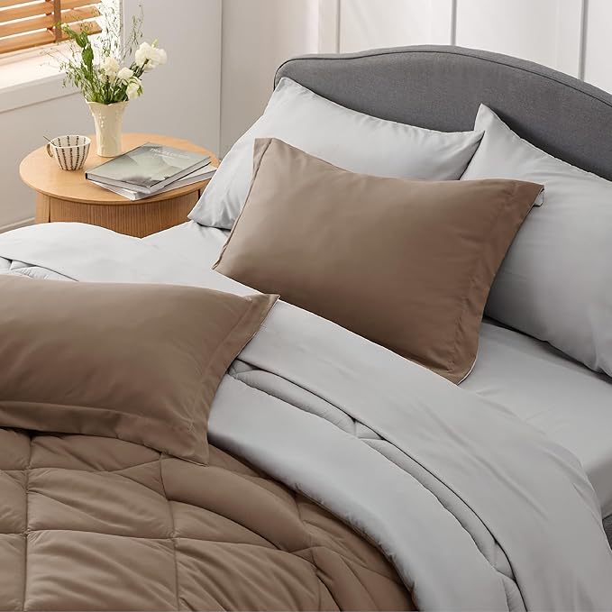 Bedsure Full Size Comforter Set - 7 Pieces Reversible Brown Bedding, Full Size Bed Set for All Seasons, Bed in a Bag with Down Alternative Comforter, Sheets, Pillowcases & Shams