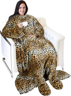 Catalonia Wearable Fleece Blanket with Sleeves and Foot Pockets for Adult Women Men, Micro Plush Comfy Wrap Sleeved Throw Blanket Robe Large, Cheetah
