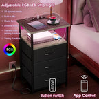 Fixwal Night Stand with Charging Station, LED Nightstand with Fabric Drawers, End Table with PU Finish, Bed Side Table, French Oak