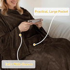 Catalonia Wearable Fleece Blanket with Sleeves and Foot Pockets for Adult Women Men, Micro Plush Comfy Wrap Sleeved Throw Blanket Robe Large, Brown