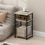 Furinno Moretti Side Table, 3-Tier End Table with Charging Station, Metal Frame Night Stand, Bedside Table with USB and Type-C Charging Port, for Living Room, Bedroom, Bauhaus Oak