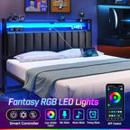 Rolanstar Headboard for Queen Size Bed with Storage, 60,000 DIY Color of LED Light, Head Board with USB, Type C Port, Height Adjustable, Black Upholstered Cabeceras de Cama Comfortable Modern, Leather