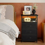 Fixwal Night Stand with Charging Station, LED Nightstand with U-S-B Ports and Outlets, 3 Fabric Storage Drawers with PU Finish, Bedside Table, Black