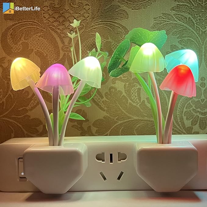 iBetterLife Sensor Mushroom Night Light - 2 Pack Color Changing Plug in Wall LED Mushroom Nightlight with Dusk to Dawn Sensor Auto On/Off Cottage Core Decor Lamp, Super Power Saving