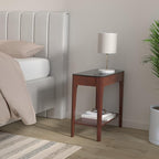 Leick Home 11105 Obsidian Glass Top Narrow Side Table with Shelf, Chestnut and Black Glass