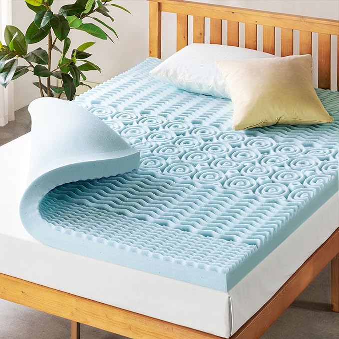 Mellow 4 Inch 5-Zone Memory Foam Mattress Topper, Cooling Gel Infusion, Dorm Essentials, Full Blue