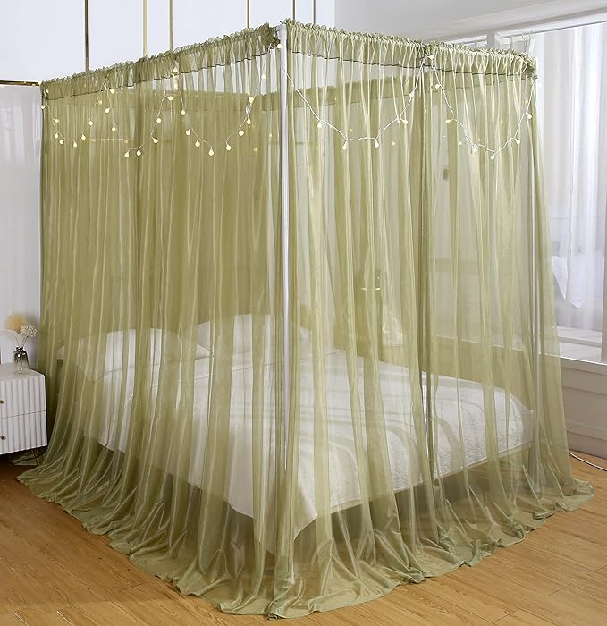 Akiky Canopy for Girls Room Bed Curtains Sheer Curtain for Twin Full Queen Size Bed Drapes,8 Panels Canopies with Light,Room Décor(Twin,Sage Green)
