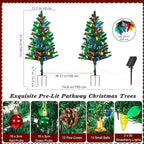 Lewondr Set of 2 Prelit Pathway Christmas Trees, 47.24" Outdoor Xmas Tree with 50 LED Strawberry Lights, Pine Cones Red Green Fruits, Solar and Type-C Powered Xmas Decor with Small Bells for Yard Home