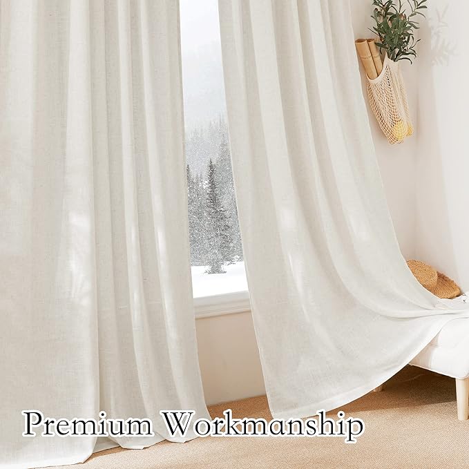 RYB HOME Linen Curtains for Living Room Bedroom Home Office, Semi Transparent Privacy Protection Vertical Modern Bohemian Window Decor Sheer Drapes, Linen, W 100 x L 90, 1 Pc