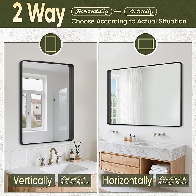 Suidia Bathroom Mirror, 36" x 55" Wall Mirror Metal Framed, Bathroom Vanity Mirror for Living Room Bedroom Bathroom Entryway, Black, Rounded Corner Style