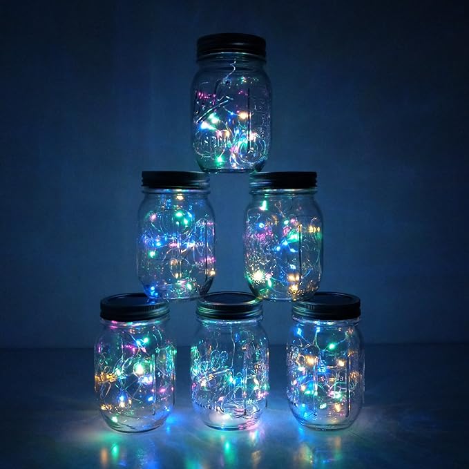 Decorman Solar Mason Jar Lid Lights, 6 Pack 10 LED Waterproof String Fairy Star Firefly Jar Lids Lights for Patio Garden Yard Lawn Party Wedding Christmas Decoration(Jars & Hangers Not Included)