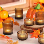 10pcs Ribbed Amber Votive Candle Holders, Assorted Glass Tea Light Candle Holders for Fall Decor, Amber Candle Holders for Wedding Centerpieces, Thankgiving and Christmas Decorations