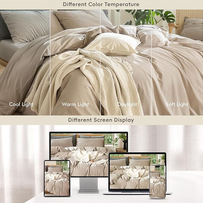 MooMee Bedding Duvet Cover Set 100% Washed Cotton Linen Like Textured Breathable Durable Soft Comfy (Heathered Taupe, Full 80"x90")