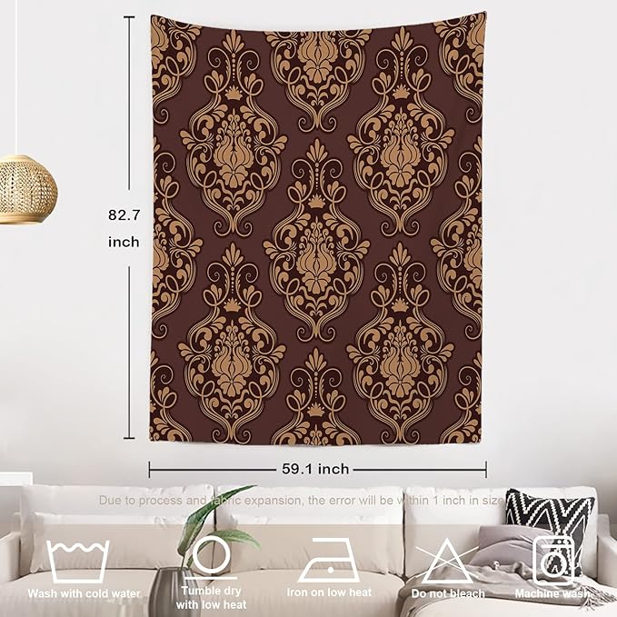 Batmerry Brown Damask Floral Tapestry, Vintage Golden Brown Damask Pattern Wall Art Hanging Decoration Polyester Fiber White Ruffled Around for Dorm Room Bedroom Living Room, 82.7x59.1 inches
