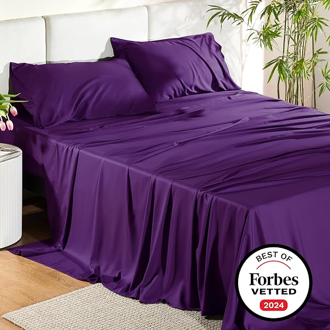 Bedsure California King Sheet Sets, Cooling Sheets for Hot Sleepers, Rayon Derived from Bamboo, Breathable & Soft, Deep Pocket Up to 16 Inches, Hotel Luxury Silky Bedding, Plum