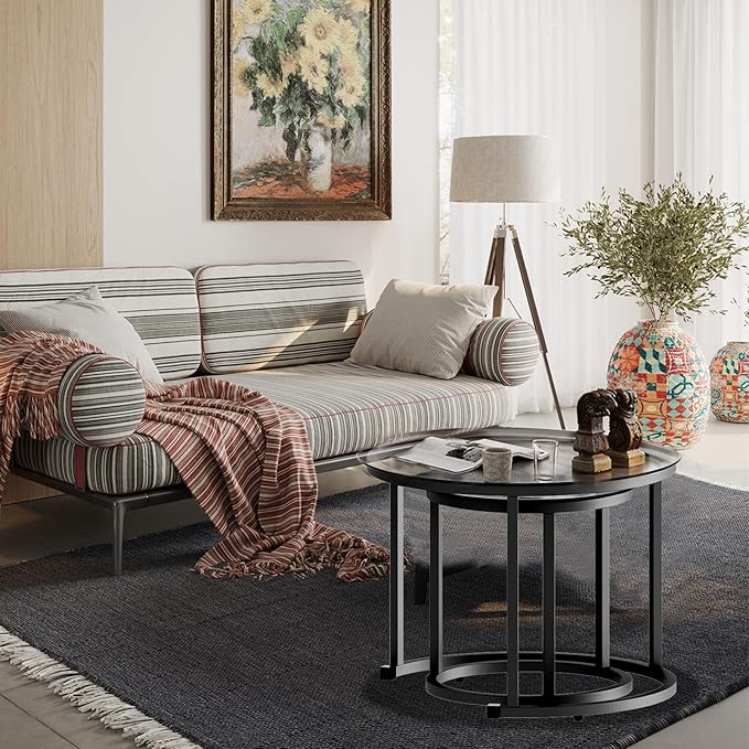 aboxoo Black Nesting Coffee Glass Table Set of 2, Metal Freme Side End Tables for Living Room Bedroom for Apartment Small Place Modern Industrial Simple, 23.6D x 23.6W x 17.7H in