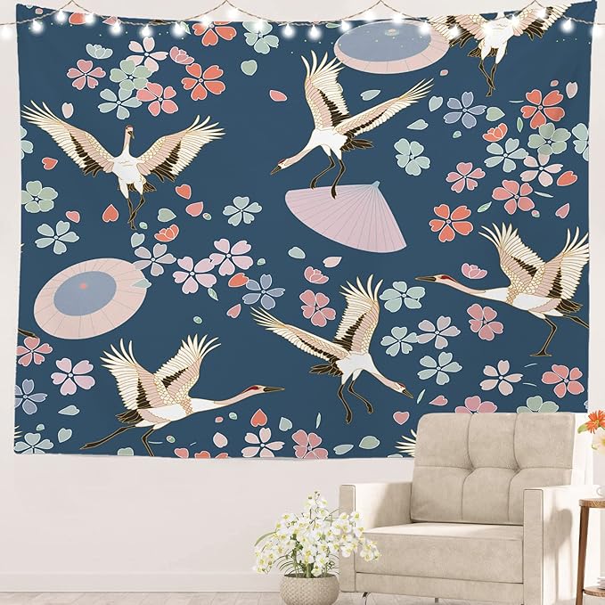 Batmerry Navy Blue Japanese Cherry Tapestry, Oriental Wall Art Hanging Decoration Polyester Fiber White Ruffled Around for Dorm Room Bedroom Living Room, 59.1x82.7 inches