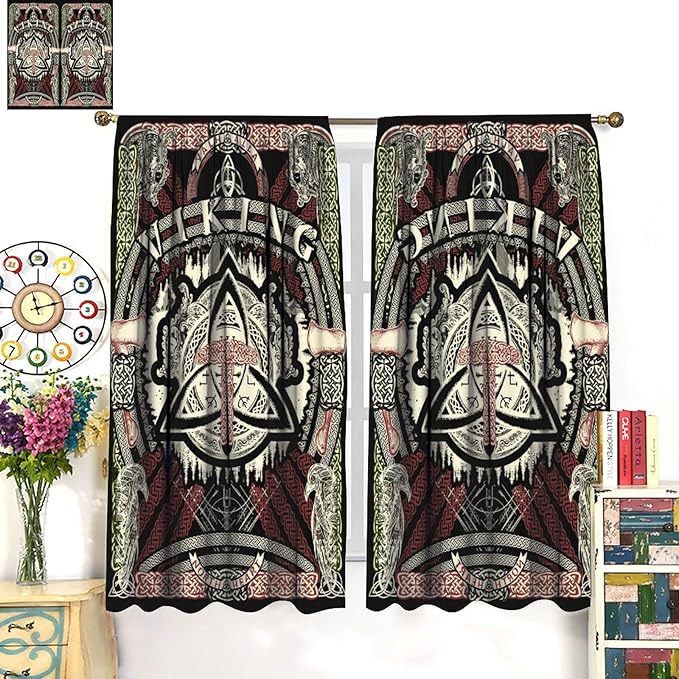 Viking Curtains Nordic Mythology Rune Weapon Antique Viking Pirate Crow Art Pattern Printed Curtains Bedroom Living Room Decoration Blackout Curtains W42 * L45 Inch