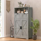 WEENFON Bathroom Cabinet, Storage Cabinet with 2 Adjustable Drawers & 2 Barn Doors, Standing Cupboard with 2 Shelf, Floor Cabinet for Living Room, Home Office, Kitchen, Grey