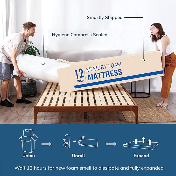 EGO White 12 inch Queen Memory Foam Mattress, Gel Green Tea Mattress Bed in a Box, Made in USA, CertiPUR-US Certified, Double Mattress, 60"×80", Medium Firm