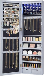 SONGMICS 6 LEDs Mirror Jewelry Cabinet, 47.2-Inch Tall Lockable Wall or Door Mounted Jewelry Armoire Organizer with Mirror, 2 Drawers, Christmas Gift, 3.9 x 14.6 x 47.2 Inches, Gray