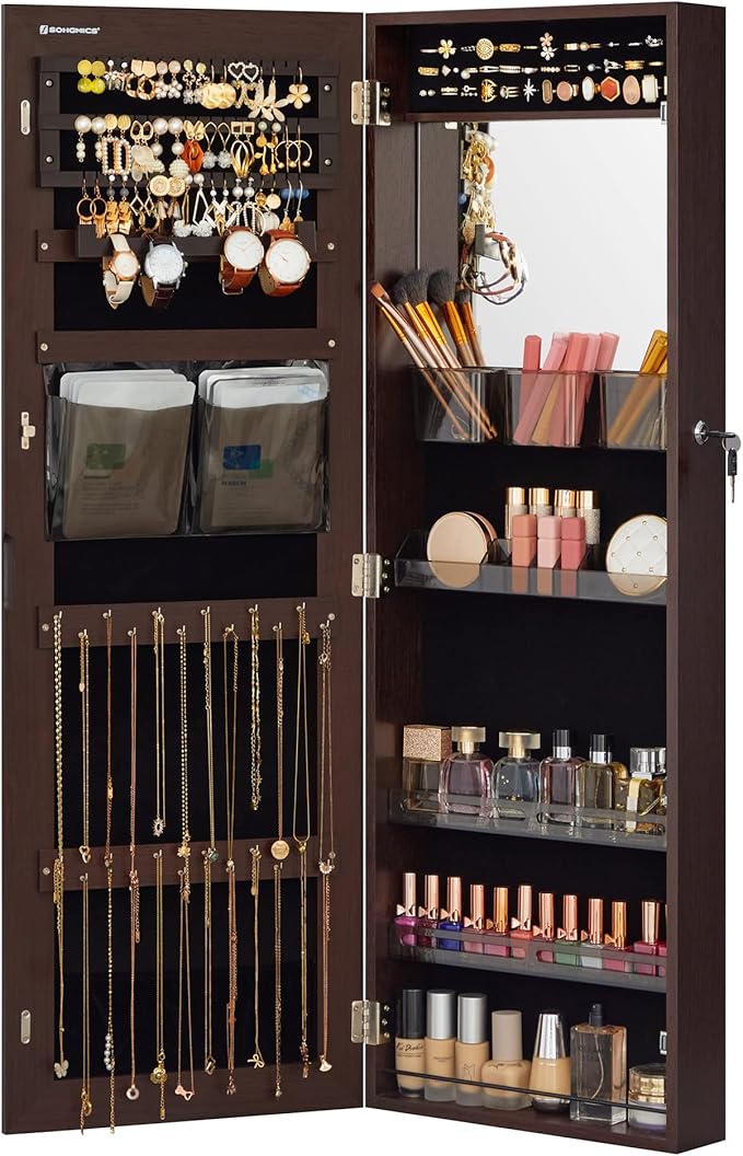 SONGMICS Jewelry Cabinet Armoire with Mirror, Wall or Door Mount Storage Organizer with Full-Length Frameless Mirror, Lockable Cabinet with Built-in Small Mirror, Shelves, Christmas Gift Idea, Brown