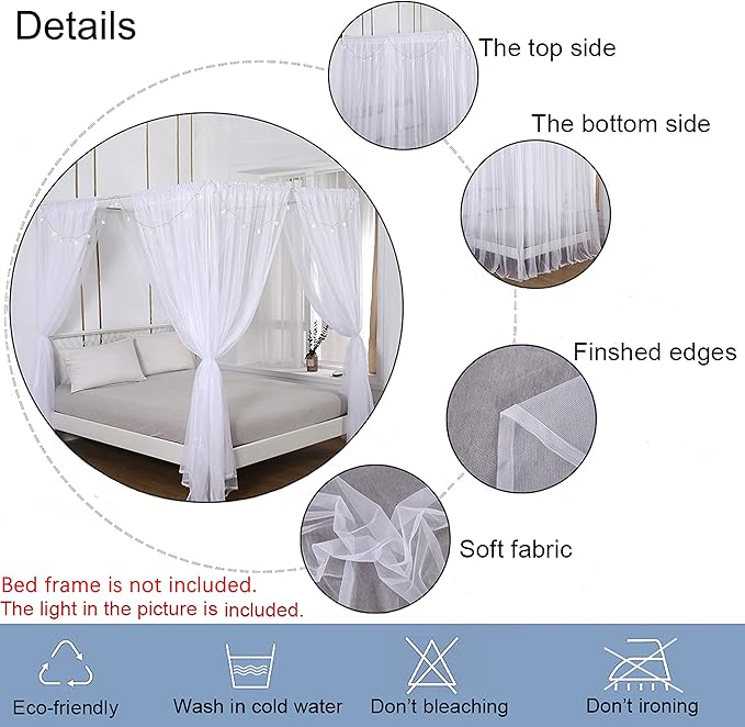 Akiky Princess Canopy Bed Curtains Bed Canopy Curtains with Lights for Queen Size Bed Drapes,8 Panels Canopies with Lights,Room Décor (Full/Queen, White)