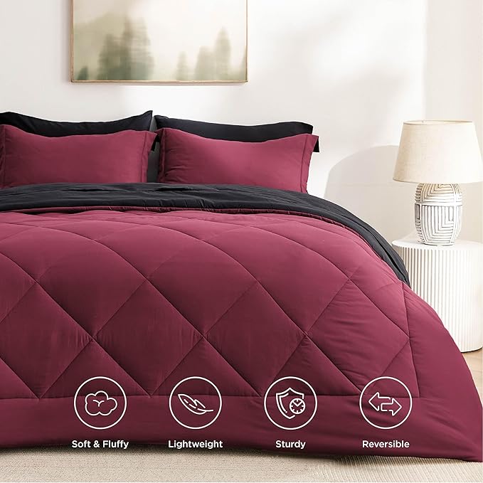Bedsure Full Size Comforter Set - 7 Pieces Reversible Burgundy and Black Bedding, Full Size Bed Set for All Seasons, Bed in a Bag with Down Alternative Comforter, Sheets, Pillowcases & Shams
