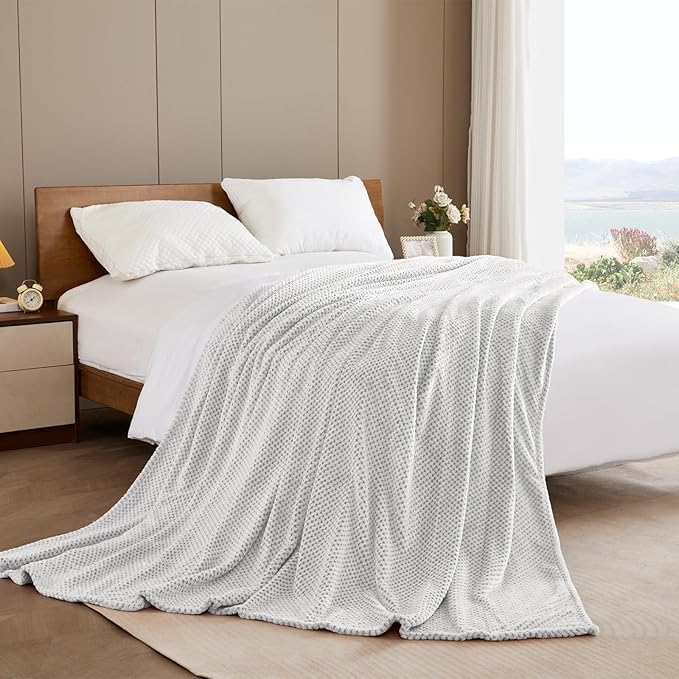 Exclusivo Mezcla Fleece Bed Blanket Queen Size, Super Soft and Warm Blankets for Couch, Sofa and Bed Waffle Textured, Cozy, Fuzzy and Lightweight (Mixed Light Grey, 90x90 Inches)