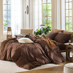 MooMee Bedding Duvet Cover Set 100% Washed Cotton Linen Like Textured Breathable Durable Soft Comfy (Solid Cocoa Brown, Palatial King/Oversized King 120"x98")