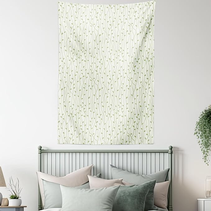 Lunarable Green and Beige Tapestry Queen Size, Green Leaves on Skinny Tangled Sprigs Fresh Nature Theme Foliage, Wall Hanging Bedspread Bed Cover Wall Decor, Queen Size, Pistachio Green