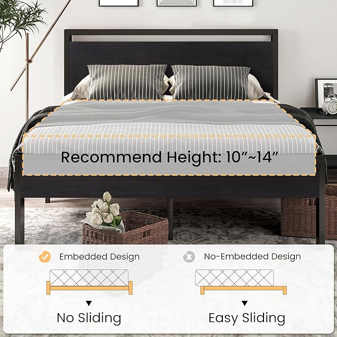 SHA CERLIN 14 Inch King Size Metal Platform Bed Frame with Wooden Headboard and Footboard, Mattress Foundation, No Box Spring Needed, Large Under Bed Storage,Black Oak