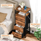 Furnulem Dresser for Bedroom, Tall Nightstand, Vertical Chest with Wood Top, Charging Station, LED Lights, 5 Fabric Bins, Bedside Table with Shelf, Furniture for Entryway (5 Drawer, Rustic Brown)