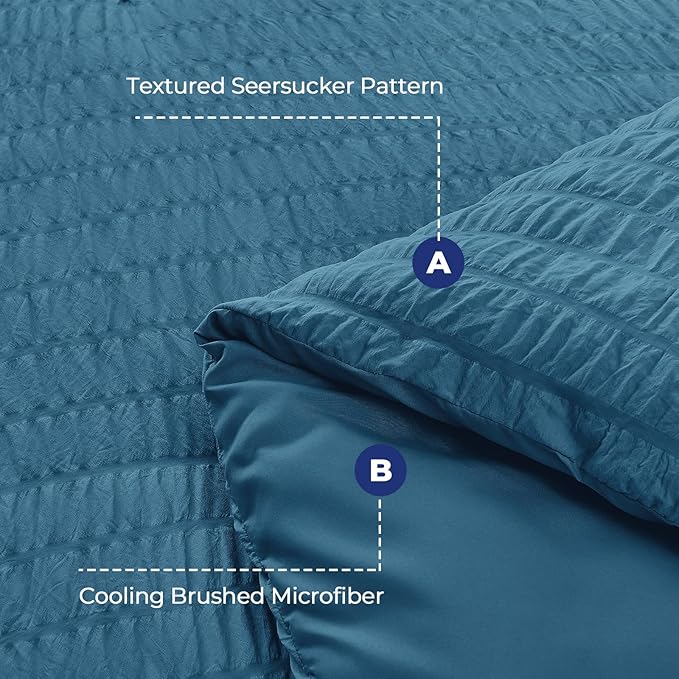 HYMOKEGE Teal California King Comforter Set Seersucker 7 Pieces, All Season Luxury Bed in a Bag for Bedroom, Bedding Set with Comforters, Sheets, Pillowcases & Shams