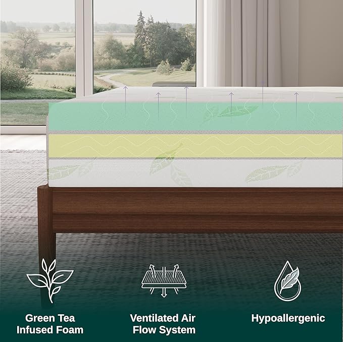 NapQueen Queen Size, 8 Inch Anula Green Tea Infused Memory Foam Mattress, Bed in a Box, CertiPUR-US Certified Mattress