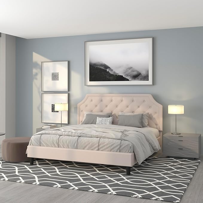 Flash Furniture Brighton Fabric Arched Tufted Upholstered King Size Platform Bed, Modern Low-Profile King Bed Frame with Headboard, Beige
