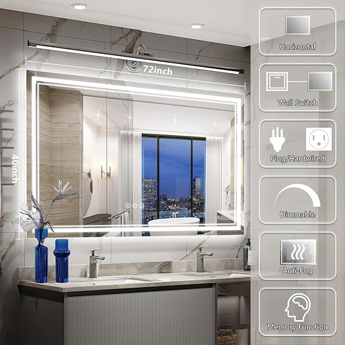 72x40 Inch Led Mirror for Bathroom with Front Light and Backlit, Dimmable Anti Fog Wall Bathroom Mirror with Led Lights, Water Proof, Decor Vanity Mirror