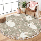 Round Rugs Forest Rabbits Floral Elements Cute Hand Drawn Rabbit Boho Area Rug Linen and Cotton Carpet Meditation Rug Washable Hallway Runner Mat Accent Rug for Bedroom Bathroom 4ft