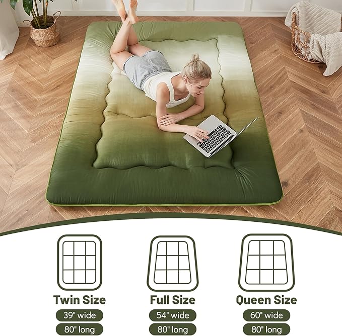 Japanese Floor Mattress, Futon Mattress with Portable Storage Bag and Washable Cover, Roll Up Thick Tatami Mat Suitable for Camping, Guest Room (Forest Gradient, Queen)
