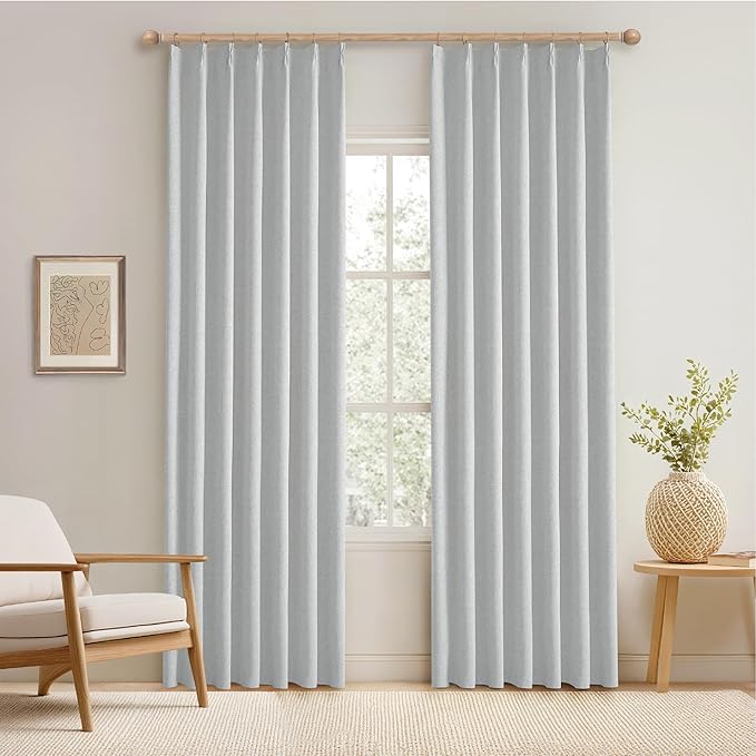 KangBang Extra Wide Pinch Pleated Blackout Curtains 84 Inch Length 2 Panels Set, Thermal Insulated Linen Curtains for Sliding Door Living Room, Farmhouse Pleat Draperies with Hooks,60x84, Light Grey