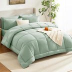 CozyLux Queen Comforter Set Sage Green, 7 Pieces Bed in a Bag, Green Comforter Queen Size, All Season Bedding Sets with Stitch Quilted Comforter, Flat Sheet, Fitted Sheet, Pillowcases