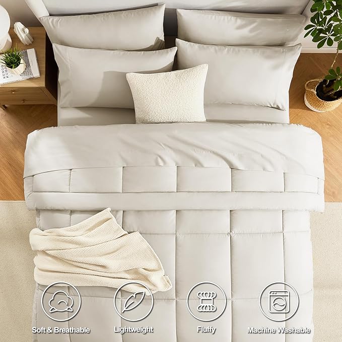CozyLux Queen Comforter Set Oatmeal, 7 Pieces Bed in a Bag, Oatmeal Comforter Queen Size, All Season Bedding Sets with Stitch Quilted Comforter, Flat Sheet, Fitted Sheet, Pillowcases