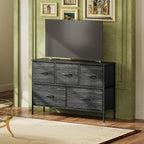 WLIVE Dresser for Bedroom with 5 Drawers, Long Storage Dresser, Fabric Dressers, Storage Drawer Unit with Fabric Bins for Closet, Hallway, Charcoal Black Wood Grain Print, Size L