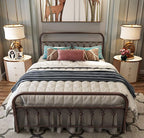 Metal Bed Frame Queen Size with Vintage Headboard and Footboard Platform Base Wrought Iron Double Bed Frame (Queen, Antique Brown)