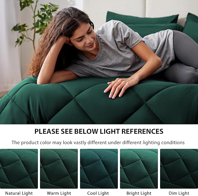 Love's cabin California King Comforter Set Dark Green, 7 Pieces California King Bed in a Bag, All Season Bedding Sets with 1 Comforter, 1 Flat Sheet, 1 Fitted Sheet, 2 Pillowcase and 2 Pillow Sham