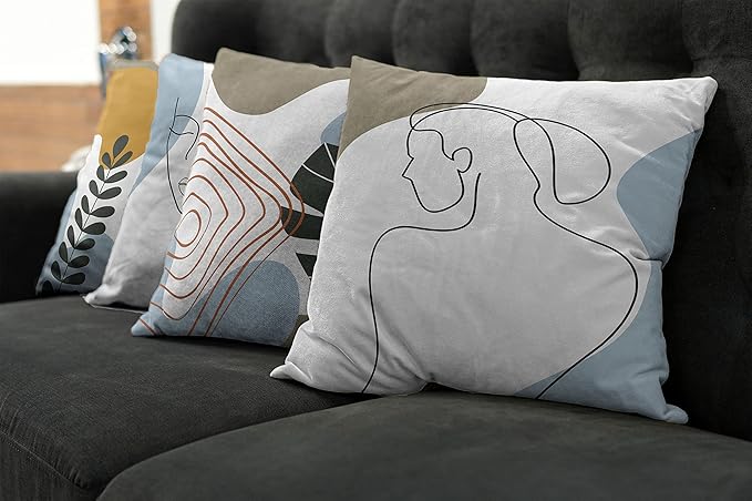 Ambesonne Minimal Throw Pillow Cushion Case Pack of 4, Modern Line Art Woman Portrait with Contemporary Leafy Geometric Details, Modern Accent Double-Sided Digital Printing, 18", Baby Blue Taupe Amber